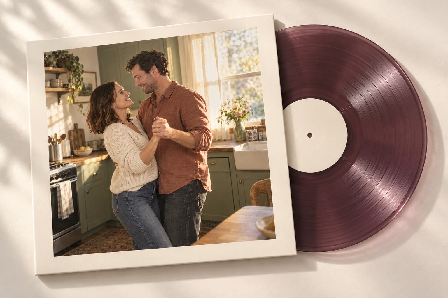 Illustrative vinyl record and album sleeve featuring a couple dancing in their kitchen